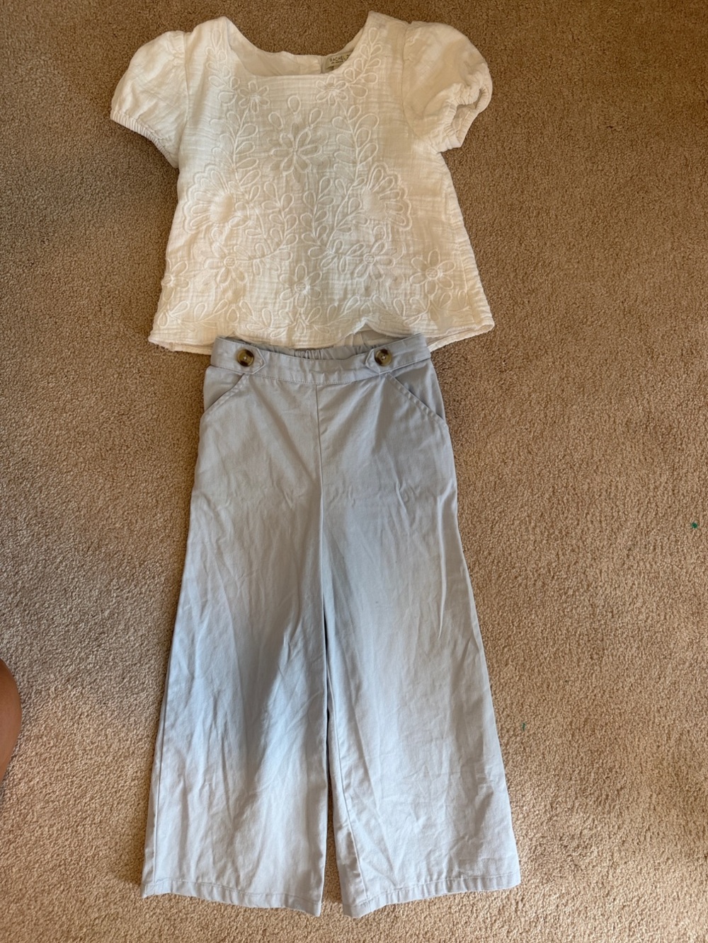 Rachel Zoe - White Embroidered Short Sleeve Top & Light Blue Wide-Leg Pants Set